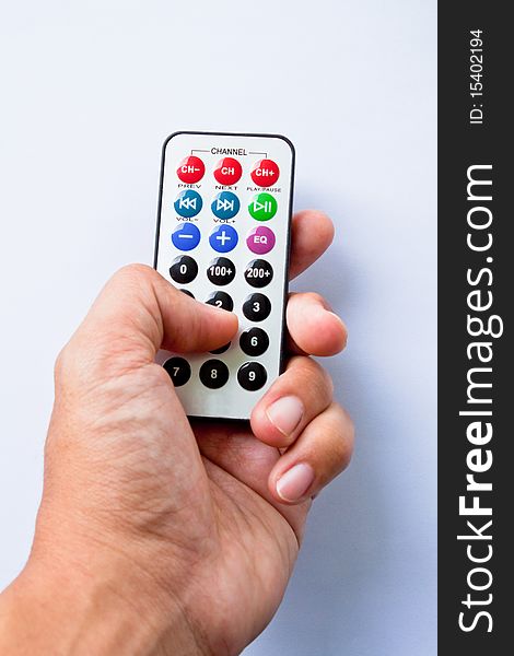 Hand holding television remote Isolated over white background