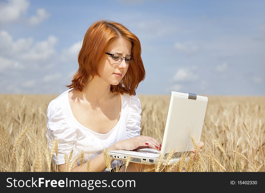 Young Businesswomen in white working with notebook at wheat field. Young Businesswomen in white working with notebook at wheat field.