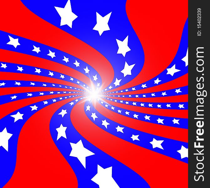 Red and blue background swirling forward with white stars flowing out from the bright center. Red and blue background swirling forward with white stars flowing out from the bright center