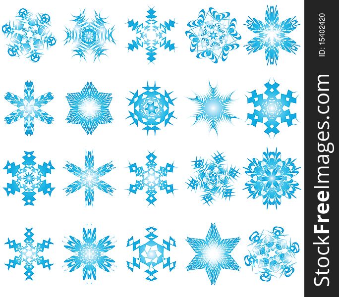 Twenty blue snowflakes on a white background. Vector illustration