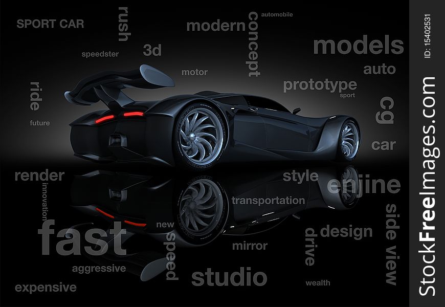 Studio render sport concept car side view text. Studio render sport concept car side view text