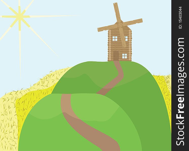 Illustration of a mill standing on a hill against a field of earing wheat