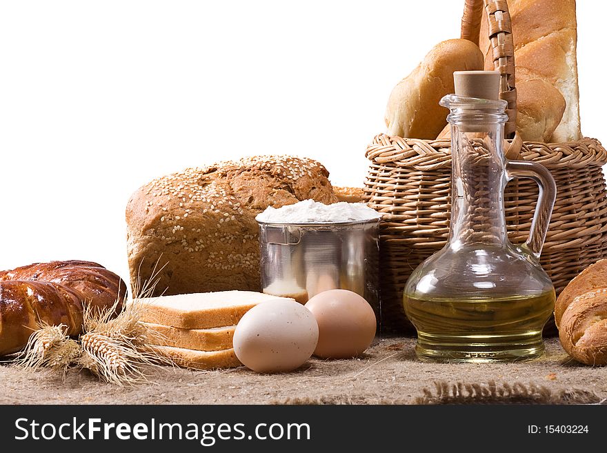 Set of bakery products on white