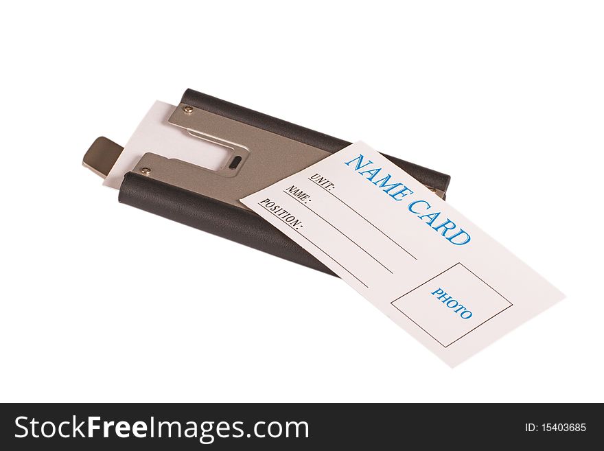 White name card on metallic business card holder