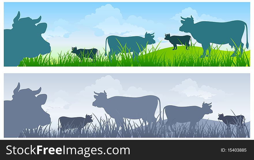 Monochrome cow silhouettes on green grass pasture over blue sky. Monochrome cow silhouettes on green grass pasture over blue sky