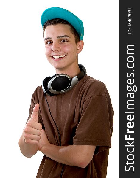 Young fresh teenager is posing with a thumb up sign. Isolated over white. Young fresh teenager is posing with a thumb up sign. Isolated over white.