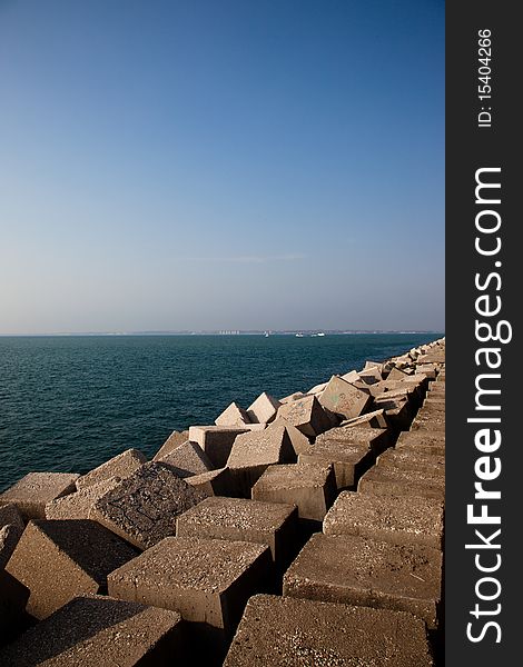 Breakwater and Atlantic ocean in Cadiz, Spain