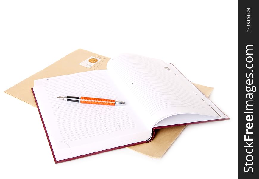 Notes block, cover and pen, isolated on a white background