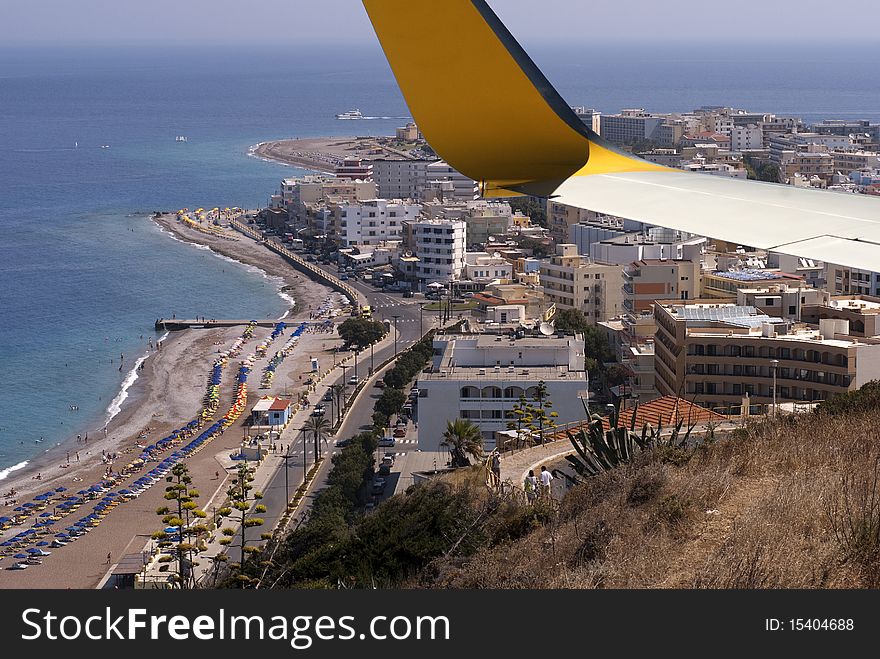 Summer view over Rhodes Town from airplane. Summer view over Rhodes Town from airplane.