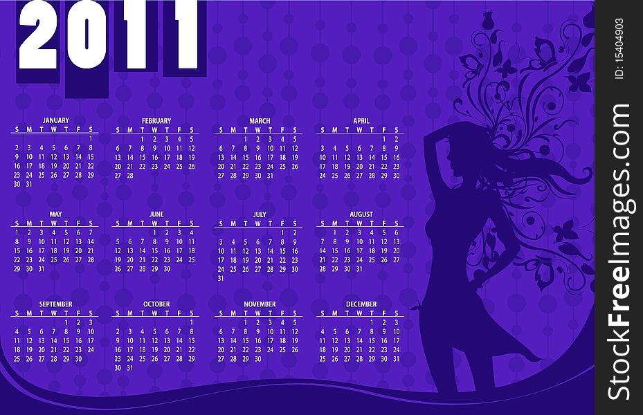 Vector Illustration of style design Calendar for 2011 With sexy girl