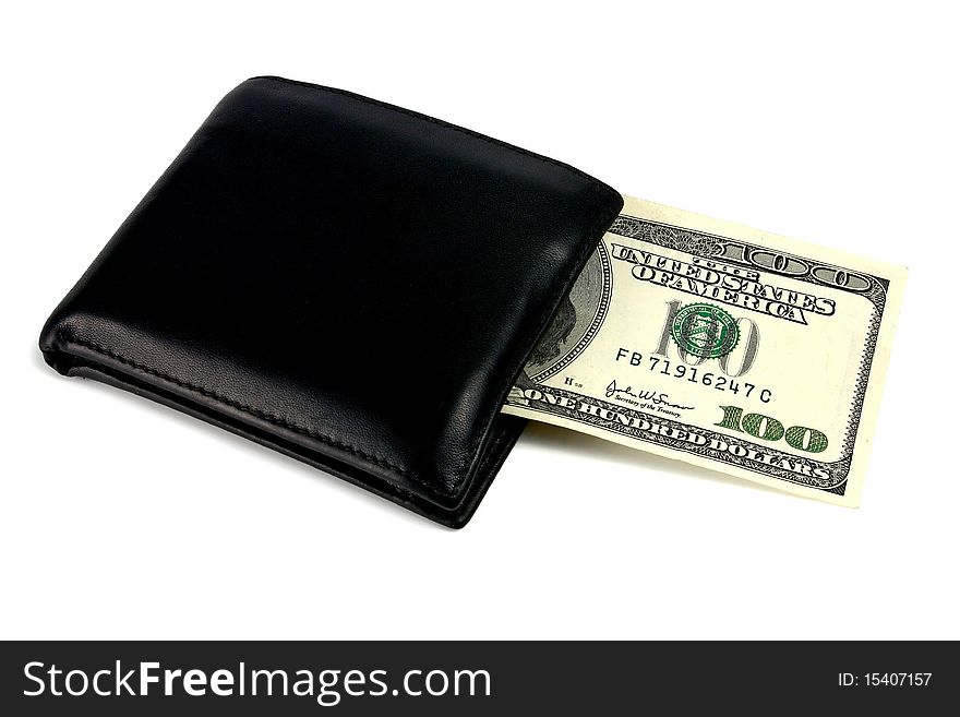 Black purse and dollars isolated on white background