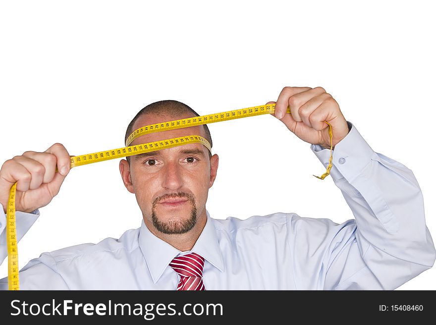 Office worker with inch tape on a white background