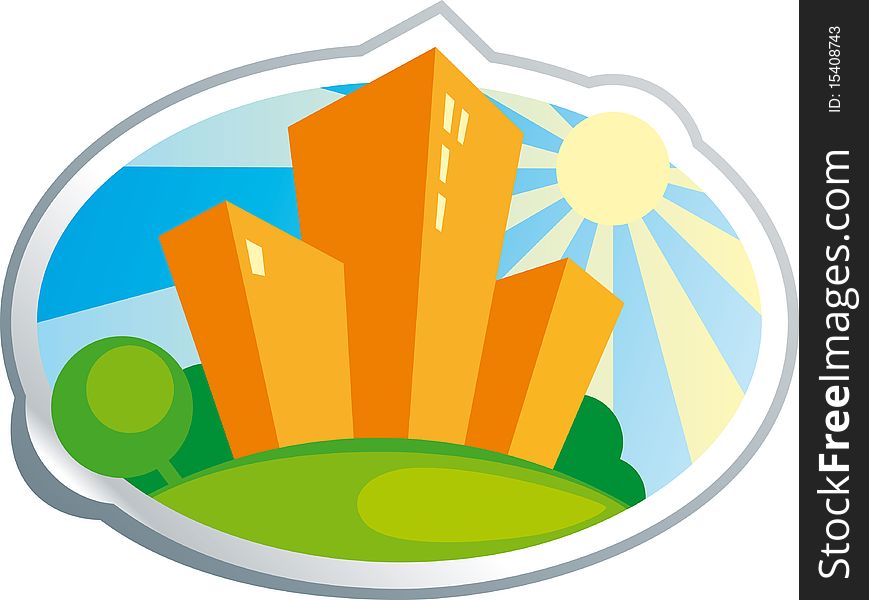 Vector image of a composition from orange buildings in the form of a sticker. Vector image of a composition from orange buildings in the form of a sticker