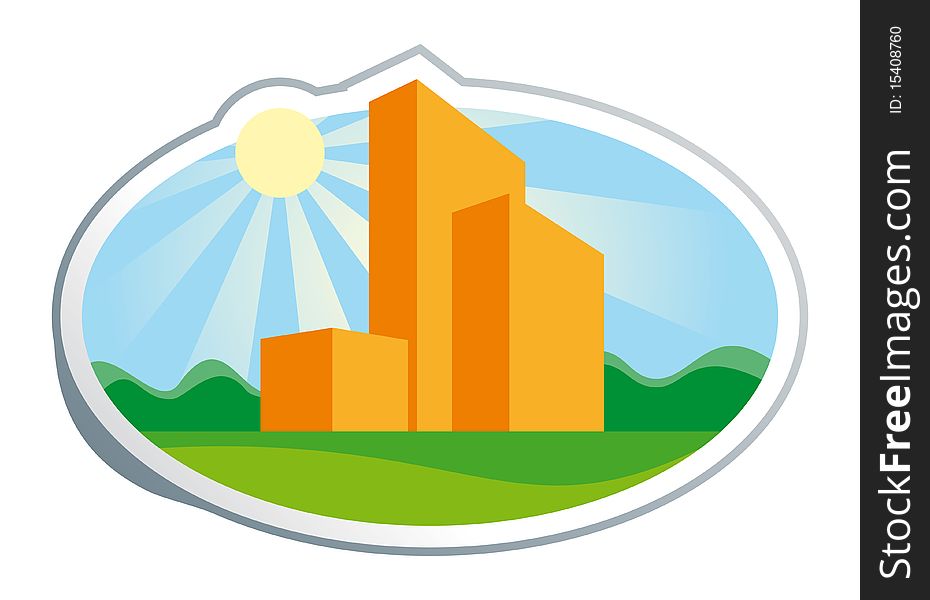 Vector image of a composition from orange buildings in the form of a sticker. Vector image of a composition from orange buildings in the form of a sticker