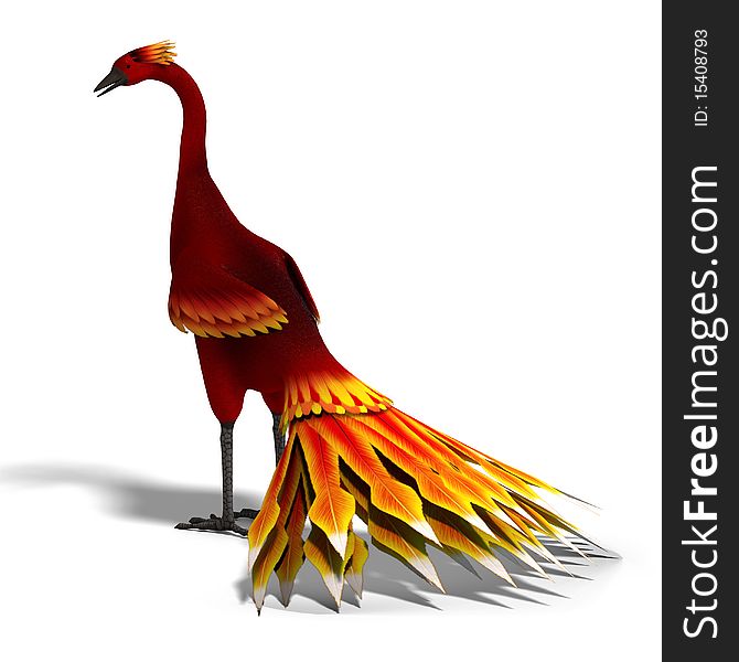 Red fantasy bird with beautiful feathers. 3D rendering with clipping path and shadow over white