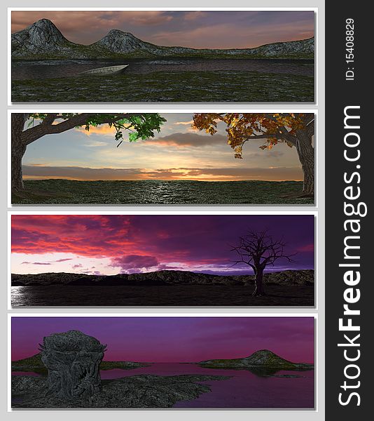 Four different fantasy landscapes for banner, background or illustration. 3D rendering