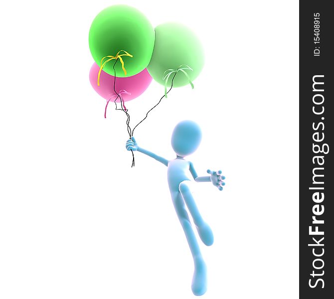 3d male icon toon character with three colorful balloons. 3D rendering with clipping path and shadow over white