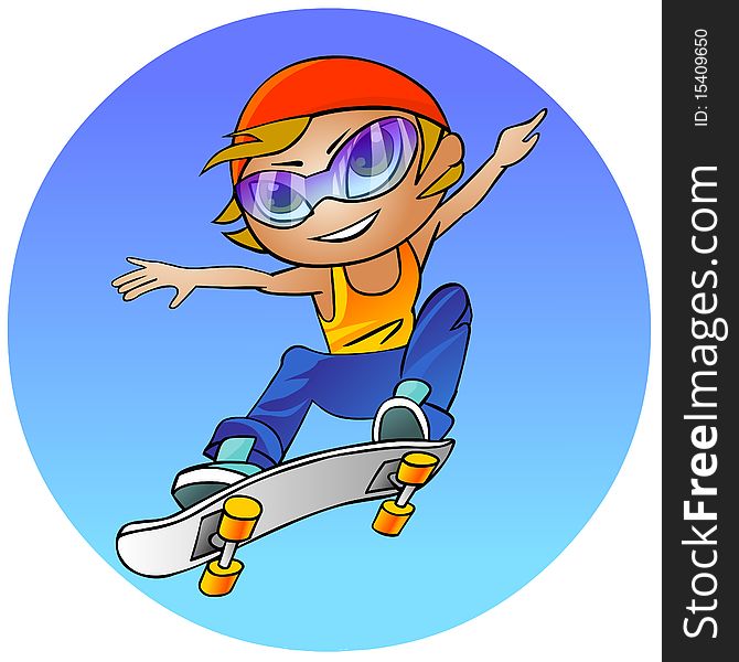 Cartoon illustration.  Active teenage girl on a skateboard on blue background.