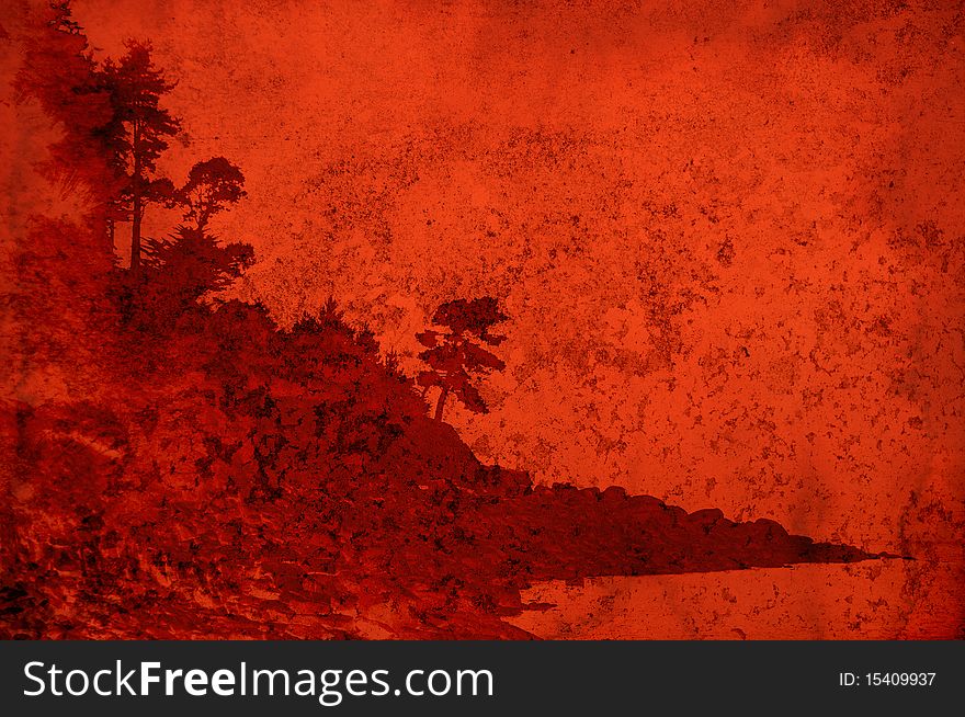 Texture with red stained landscape of coastal tree