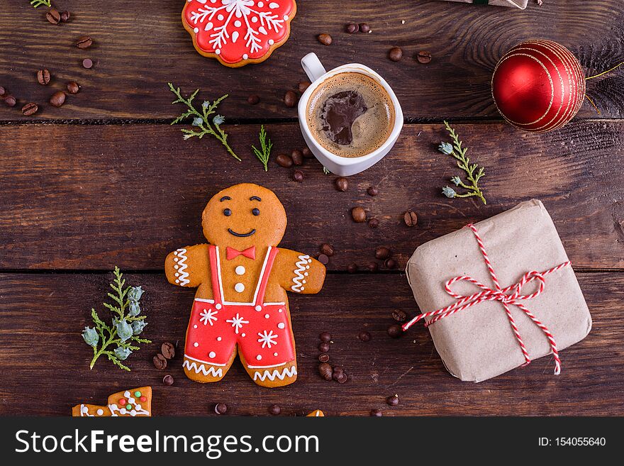 Christmas Homemade Gingerbread Cookies On Wooden Table