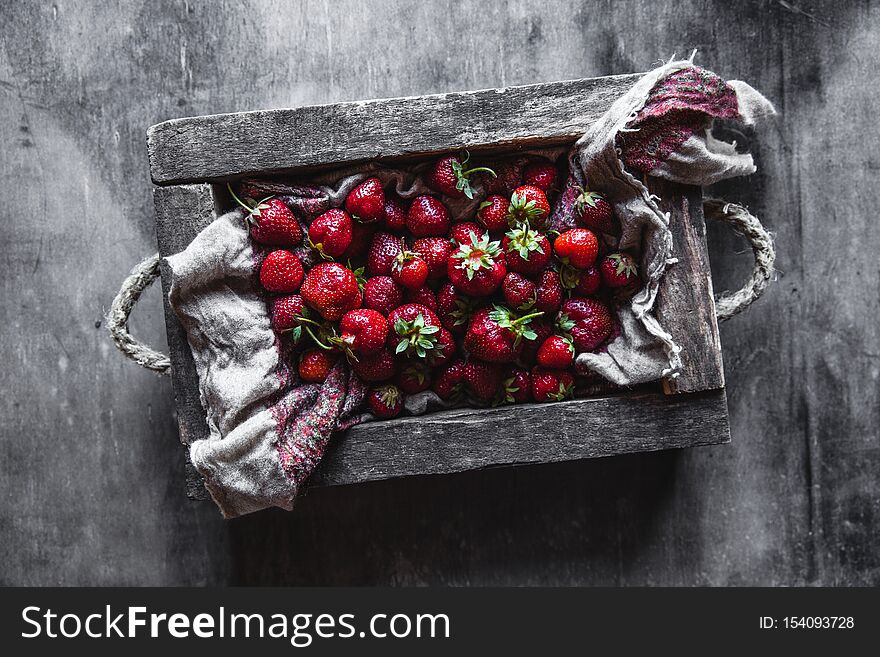 Fresh Strawberries In The Box On Wooden Vintage Table, Healthy Food, Fruit