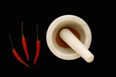 Chilli S And Chilli Powder In A Mortar And Pestle Royalty Free Stock Photography Chilli S And Chilli Powder In A Mortar And Pestle Royalty Free Stock Photography