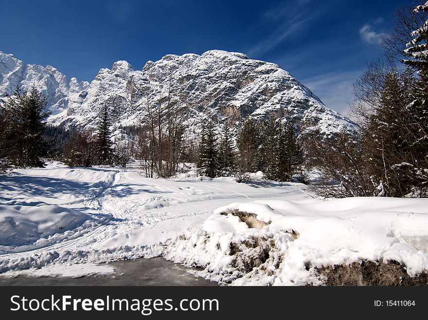 Snow on the Dolomites Mountains, Italy