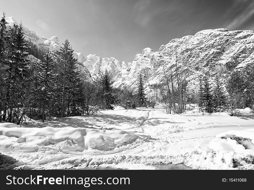 Snow on the Dolomites Mountains, Italy