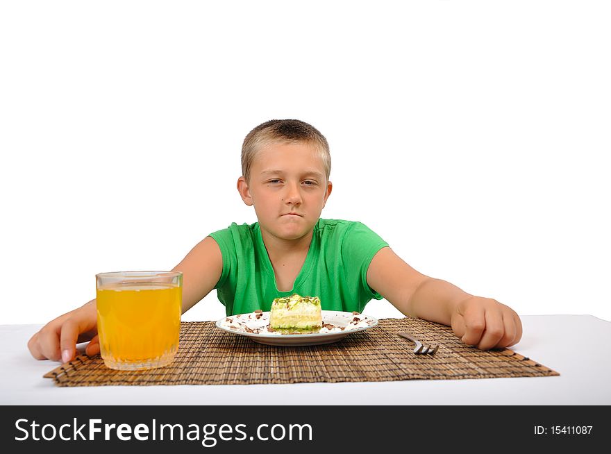 Boy want to eat a dessert with fork, isolated on white. Boy want to eat a dessert with fork, isolated on white