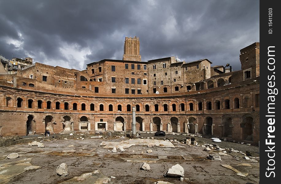 View on the Trajan's Market with clouds in the background, Rome, Italy