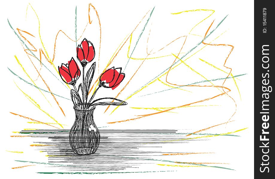Drawn red flowers in vase on abstract background. Drawn red flowers in vase on abstract background