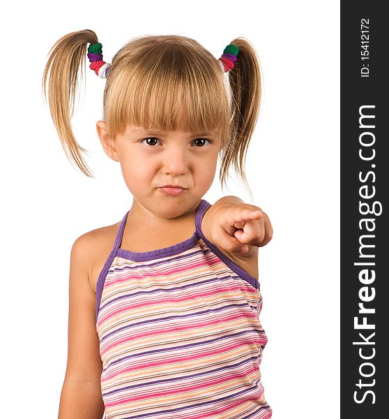 Portrait of emotionally kid. Funny little girl isolated on white background. Beautiful caucasian model.