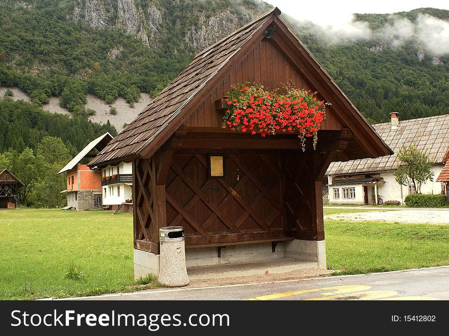 A bus stop, that can be found in the mountain regions of Slovenia. A bus stop, that can be found in the mountain regions of Slovenia.