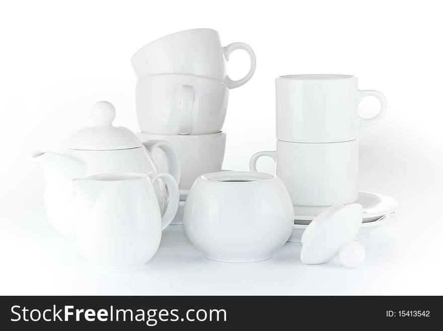 White tea set  isolated on white background