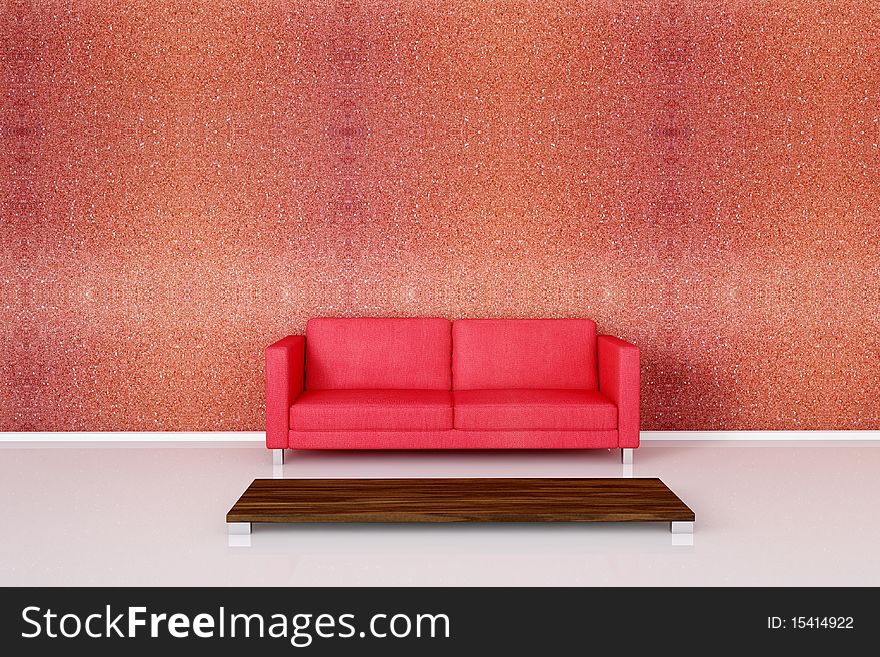 Red sofa on red stone wall with a empty table