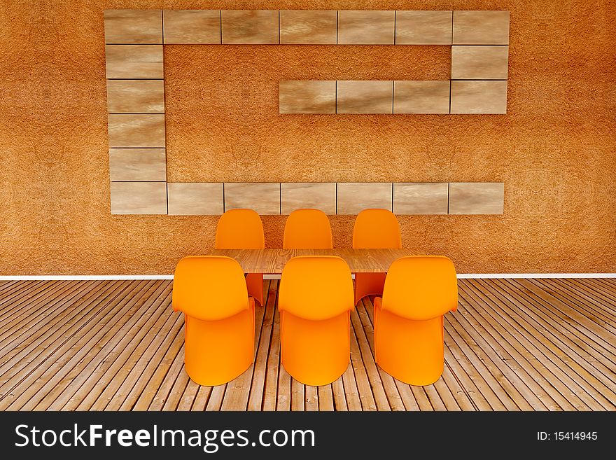 Six orange modern chairs with table on wooden floor