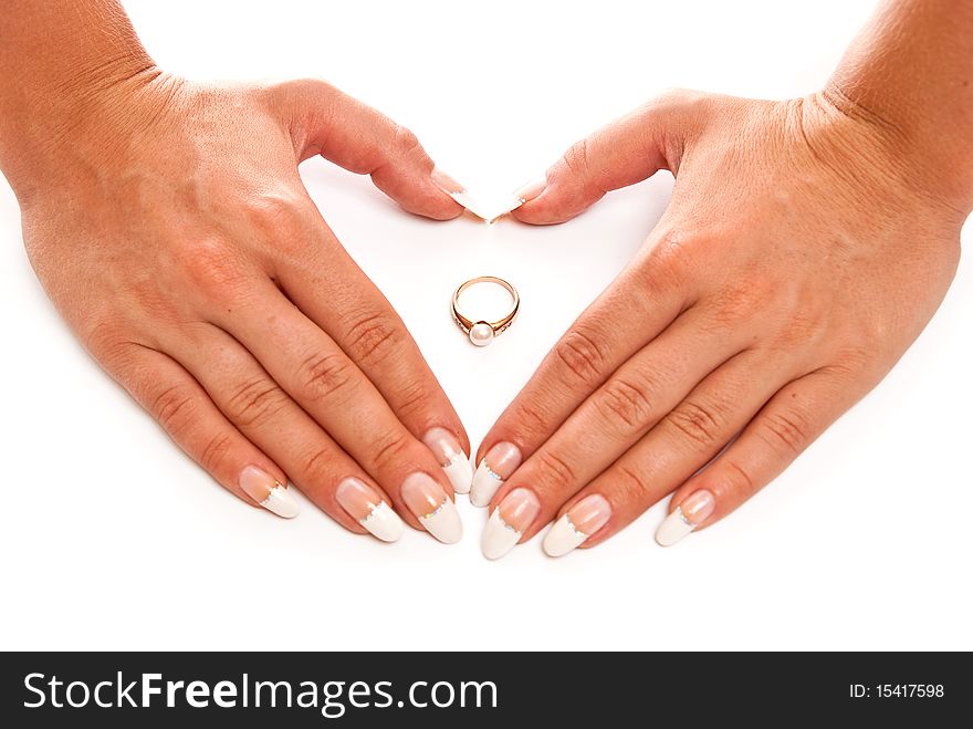 Female hands and ring. White background