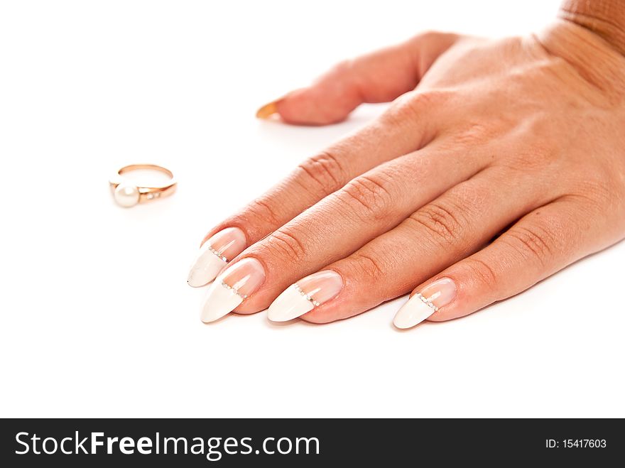 Female hand and ring. Focus on hand