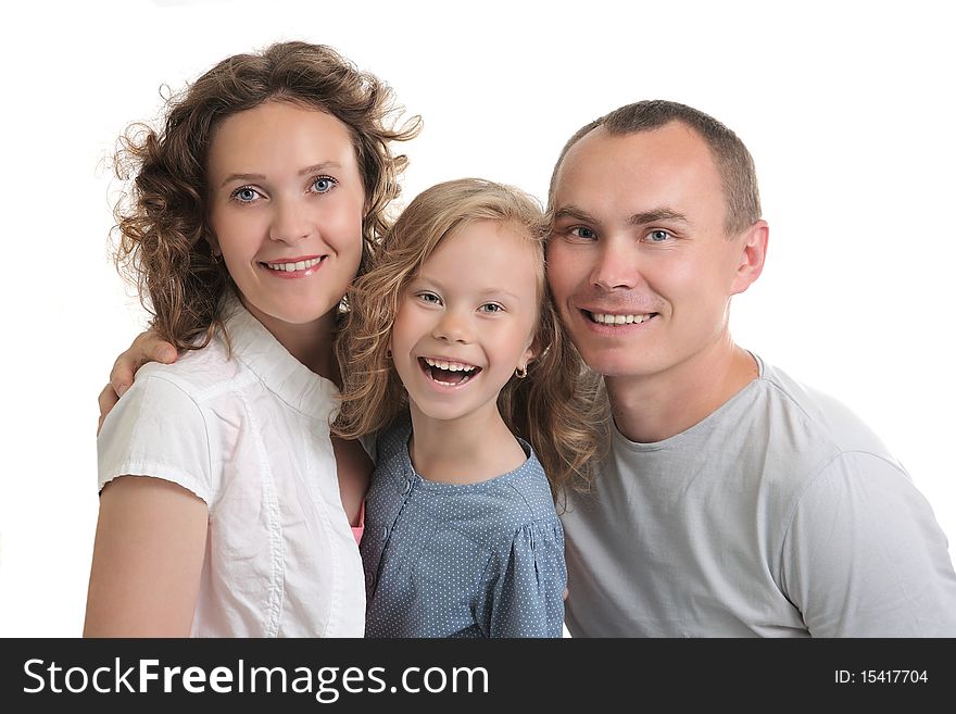 Happy mother father and daughter laughing studio shot on white background. Happy mother father and daughter laughing studio shot on white background