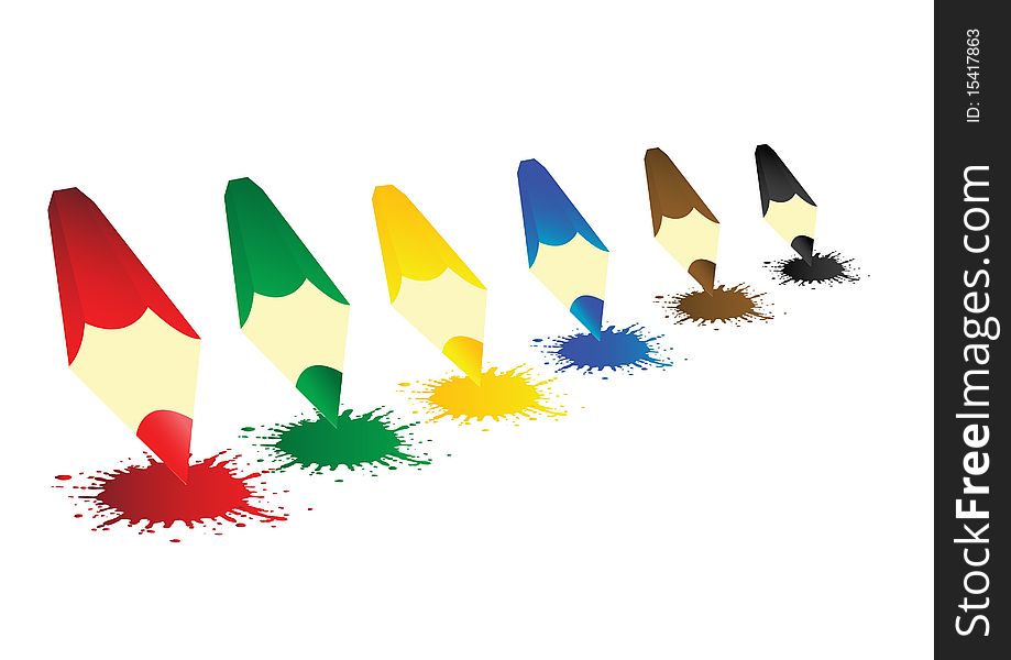 Vector illustration colour pencils with blots on a white background