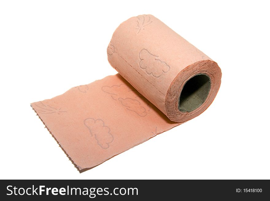The begun roll of a pink toilet paper