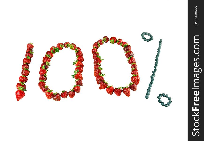 Strawberries lined up to spell out 100 and percent done with blueberries. Strawberries lined up to spell out 100 and percent done with blueberries