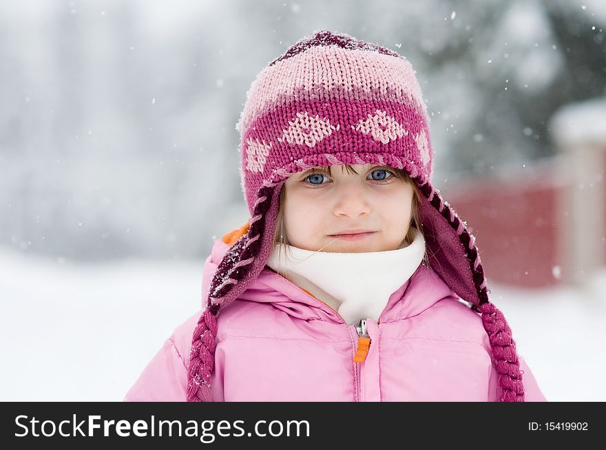 Winter Toddler Girl In Pink Hat