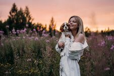 Young Beautiful Women Hugging With The Cocker Spaniel Dog On The Sunset. Outdoor Royalty Free Stock Photo