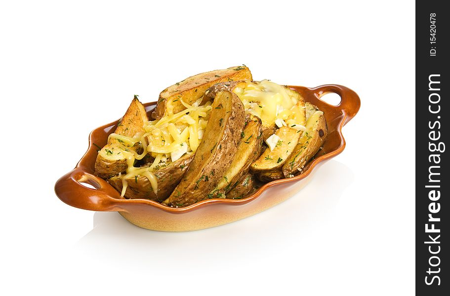 Italian potato wedges with cheese and garlic. Isolated on white by clipping path.
