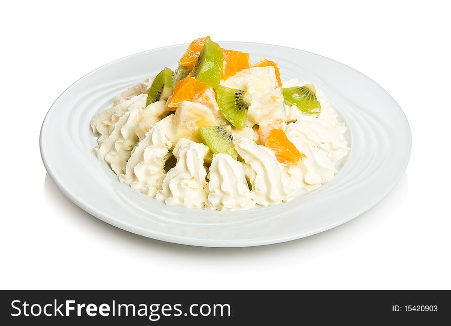 Whipped cream dessert with kiwi, orange and banana.
Isolated on white by clipping path. Whipped cream dessert with kiwi, orange and banana.
Isolated on white by clipping path.