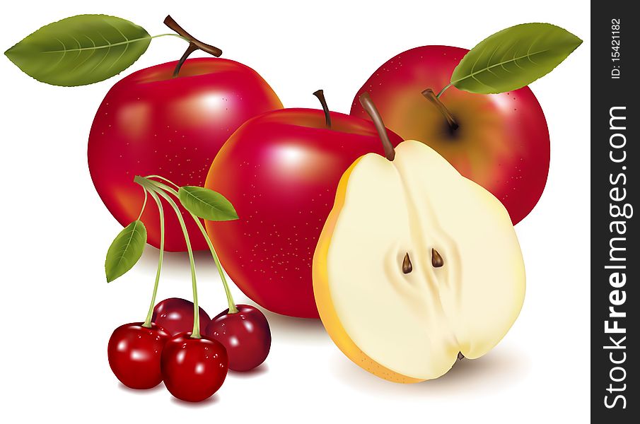 Photo-realistic illustration. Apples, a pear and cherries. Photo-realistic illustration. Apples, a pear and cherries.