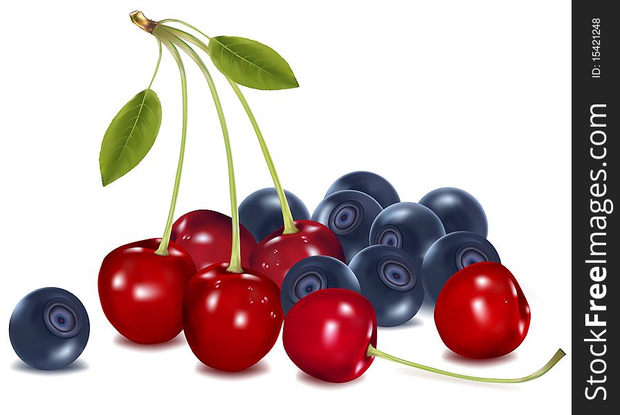 Photo-realistic  illustration. Group of cherries and blueberries with leaves.