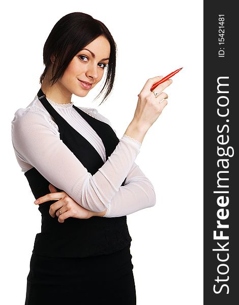 Cute businesswoman with a marker, white background