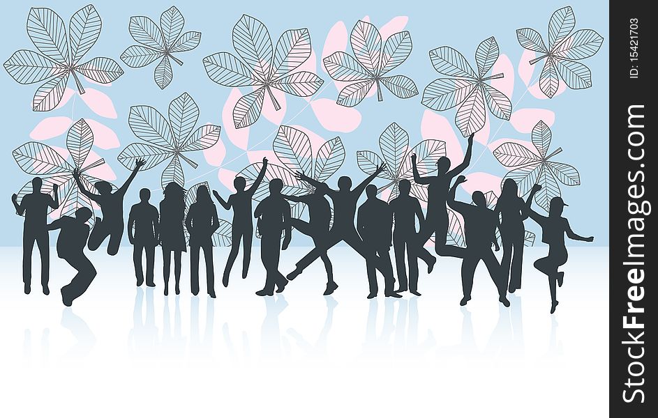 Illustration of people jumping and leaves